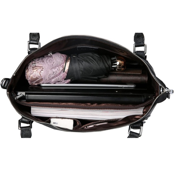 Heshe black genuine leather satchel handbag - Picture 5 of 15